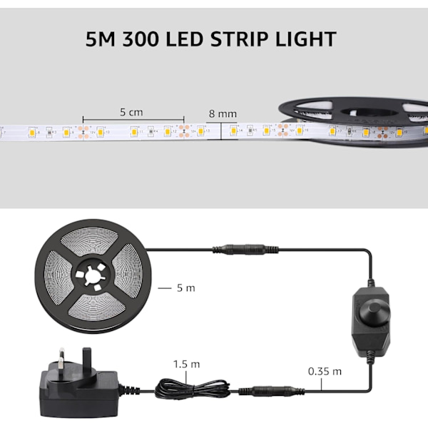 Varmvit LED-remsa 5M 300 LED, 1650lm Dimbar LED-tejp, 3000K Flexibel LED-belysning för Sovrum Kök Under Skåp Garderob Trapp