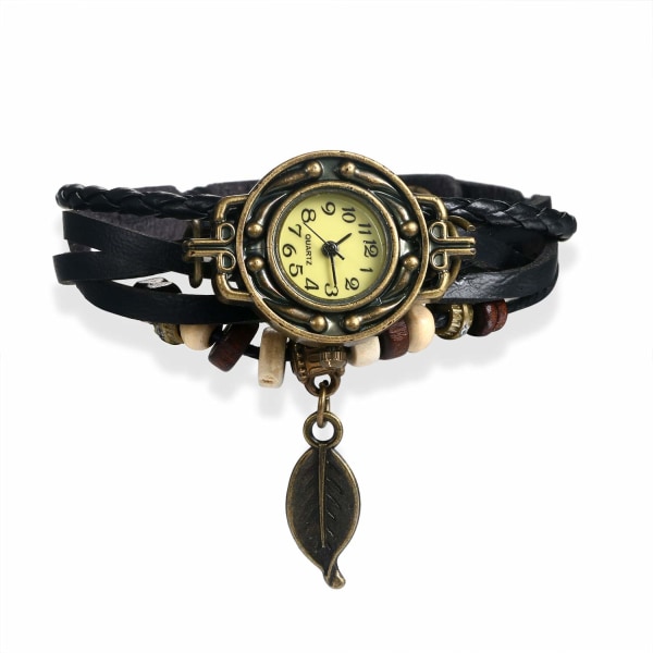Damklocka, Retro Flätad Läderarmband Bangle Armbandsklocka med Träd Blad Hänge för Kvinna Flickor