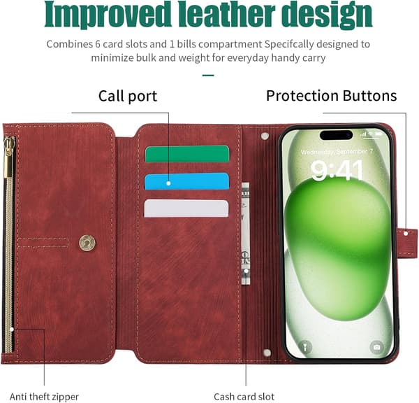 Plånboksfodral för iPhone 16 Pro (1-pack) — Foliodesign med handledsrem, 9 kortfack och stativ; magnetisk stängning (röd) iPhone16 Pro red