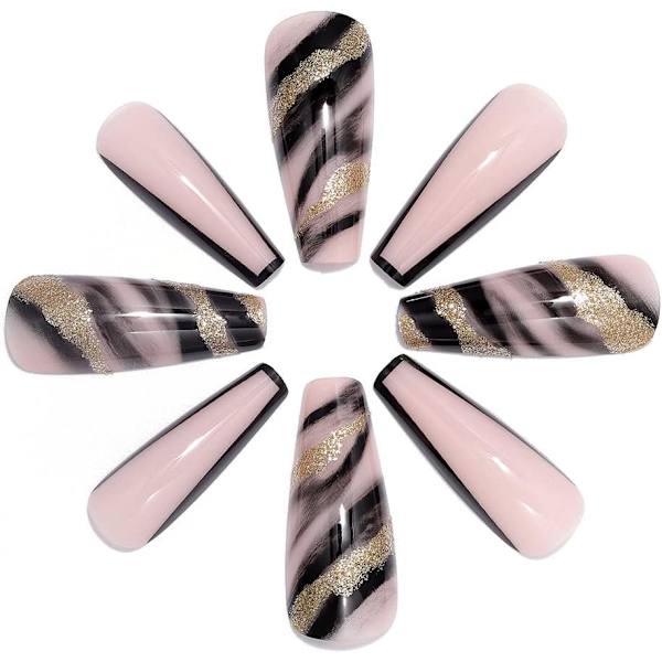 Kiste Falske Negle Lange Falske Negle Guld Sequin Tryk på Negle Fransk Pink Stick på Negle Ballerina Akryl 24stk til Kvinder og Piger black
