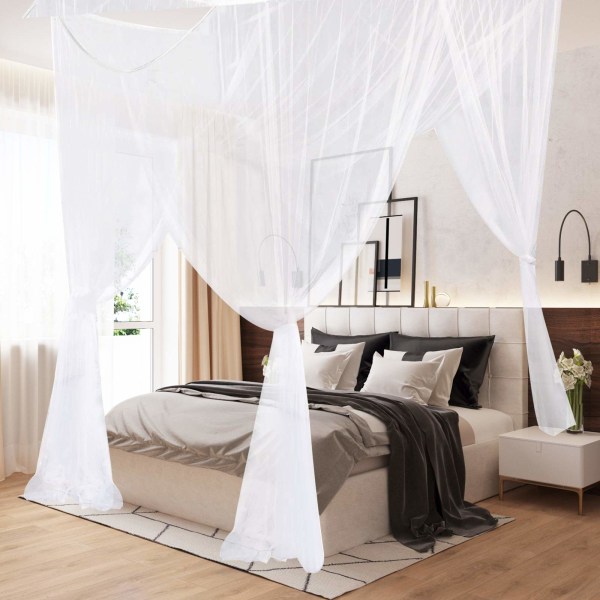 Hyttysverkko, king-size-neljä kulmapylväsverhot sängyn katos yhdelle, sopii kaikkiin sänkyihin, leirintäalue, valkoinen White