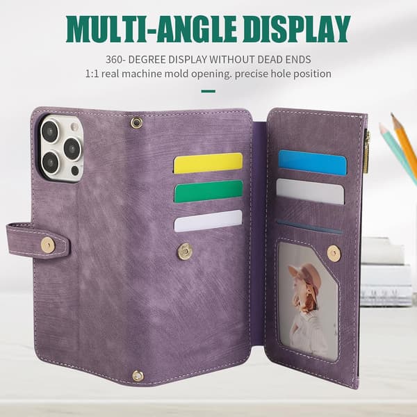 Plånboksfodral för iPhone 16 Pro Max (1-pack) — Foliodesign med handledsrem, 9 kortfack och stativ; magnetisk stängning (Lila) iPhone16 Promax purple