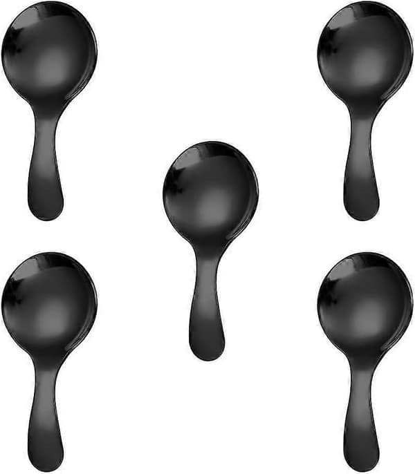5 stk. korte skeer, mini-skeer i rustfrit stål, fortykket lille rund ske til salt, krydderier, dessert, te, kaffe (sort)