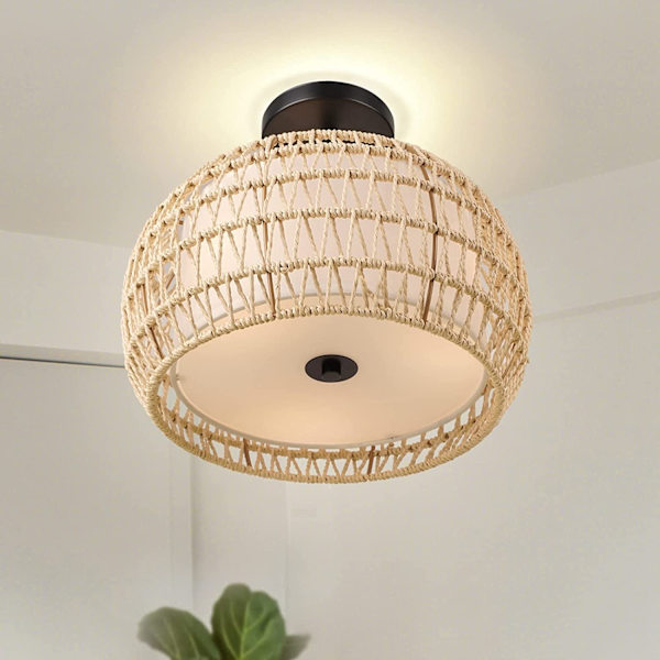 Vintage Boho Rattan Kattolamppu - Retro Paper Rope Kattovalaisin 3 Lamppua E27 Kanta Riippuvalaisin Pyöreä Kangasvarjostin Ripustuslamppu Ø32cm