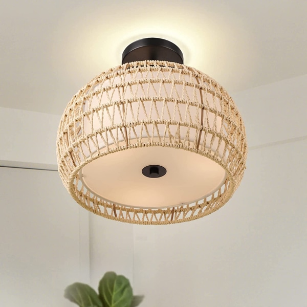 Vintage Boho Rattan Loftslampe - Retro Papir Reb Loftslampe 3 Pærer E27 Fatning Pendel Lampeskærm Rundt stof Hængelampe Ø32cm