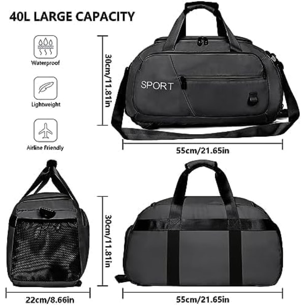 Sports Gym Bag til mænd og kvinder, Yoga Gym Bag, Rejsetaske med skorum og vådlomme, bærbar let weekendtaske black