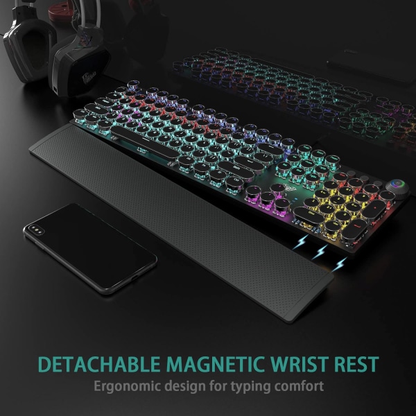 Mekanisk gamingtastatur i skrivemaskinestil med blå switche, aftagelig håndledsstøtte, mediekontrolknap, regnbuebaggrundsbelysning, retro punk runde taster BLACK