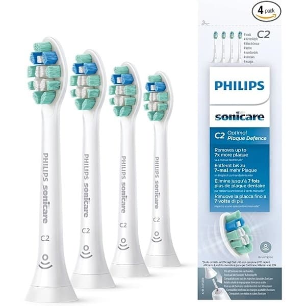 4 erstatningsbørstehoder kompatible med Philips Sonicare, emballasjen kan variere, hvit, C2 hvit C2 hvit C2 White