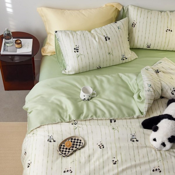Söt Panda Påslakan Set Sängkläder för Pojkar och Flickor Vändbar Vit och Grön Påslakan Set 4 Delar Set