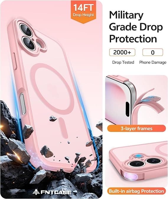 FNTCASE til iPhone 16 Plus-deksel med skjermbeskytter, MagSafe-kompatibel, klar matt, støtsikker skall i militær kvalitet, lys rosa Light pink
