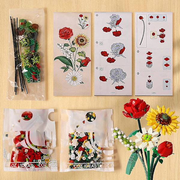 Mini tegelsten blombukett byggsatser, konstgjorda blommor, gör-det-själv unik dekoration hem