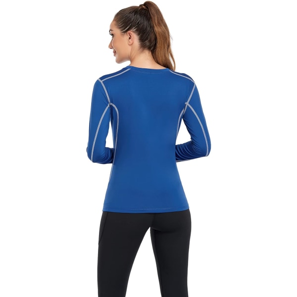 Kompressionströja dam Dry Fit Långärmad löpning atletisk T-shirt träningströjor, liten 3-pack (svart+vit+blå)