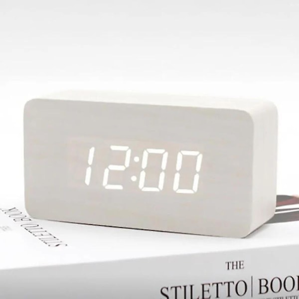 Digital väckarklocka i trä med justerbar ljusstyrka, röststyrning, LED-klocka, rektangulär display, tid, temperatur, heminredning white