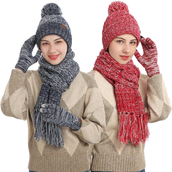 3 STK Vinter varm lue skjerf hansker sett for kvinner menn strikkede fleece berøringsskjermhansker Beanie lue Ski Cap