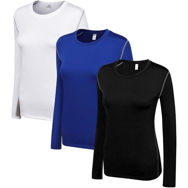 Kompressionströja dam Dry Fit Långärmad löpning atletisk T-shirt träningströjor, liten 3-pack (svart+vit+blå)