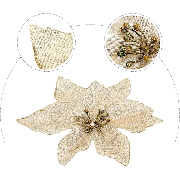 24 stycken julglitter-julstjärnor Bröllop Konstgjorda blommor Juldekorationer Ornament för julgran Nyår (10 cm) gold