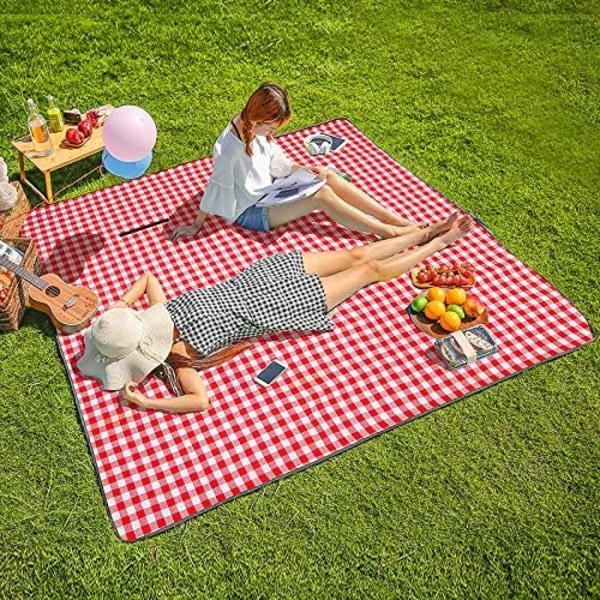 Maskintvättbar extra stor picknick- och strandfilt Handy matta plus tjocka dubbla lager sandtät vattentät stoppning Bärbar, 79"x79" (röd och vit)