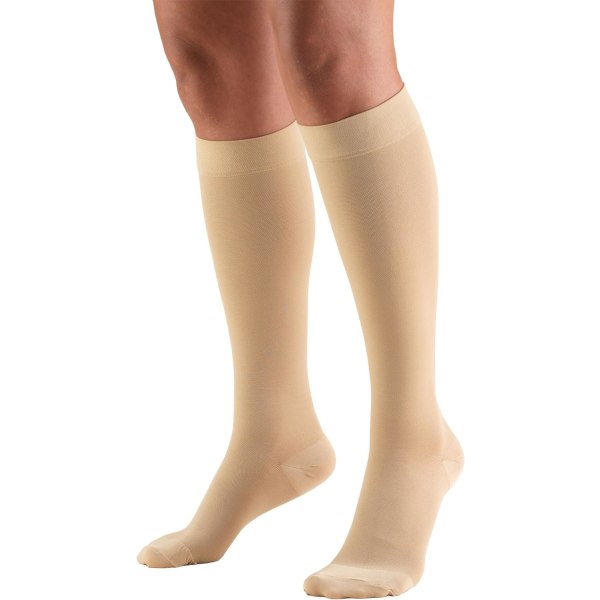 30-40 mmHg kompresjonsstrømper for menn og kvinner, knehøyde, lukket tå, beige, liten