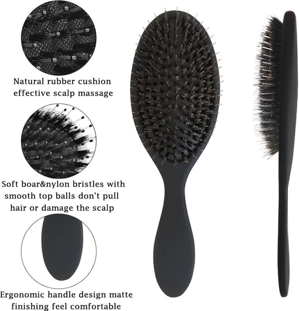 1 stk flokebørste og villsvinbørste - Definerende hårbørste, polstret base, våt/tørr bruk, vanntett, ergonomisk, svart black