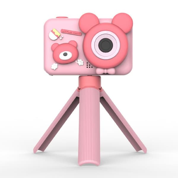 Sødt børnekamera med dobbeltlinse og holder, lyserødt Pink