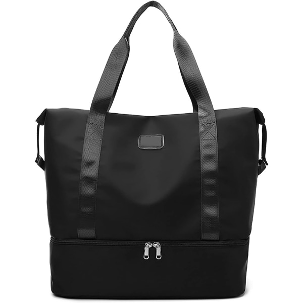 Reise Duffel Tote Bag, Vanntett Skulder Weekender Bag for Kvinner og Menn Svømme Sports Reise Gym Bag, Sammenleggbar og Utvidbar Bag Lett black