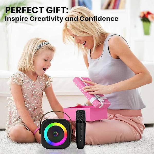 Karaoke-laite lapsille ja aikuisille, Mini kannettava Bluetooth-karaokekaiutin 2 langattomalla mikrofonilla ja valolla Black 2 mic