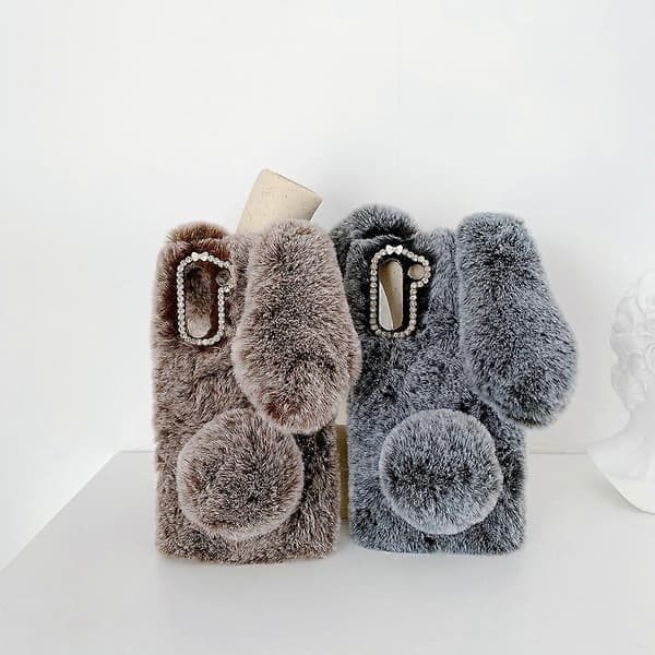 Kaninformad fluffig pälsbelagd TPU-telefonfodral för Samsung Galaxy S21 5G/4G Grå Gray