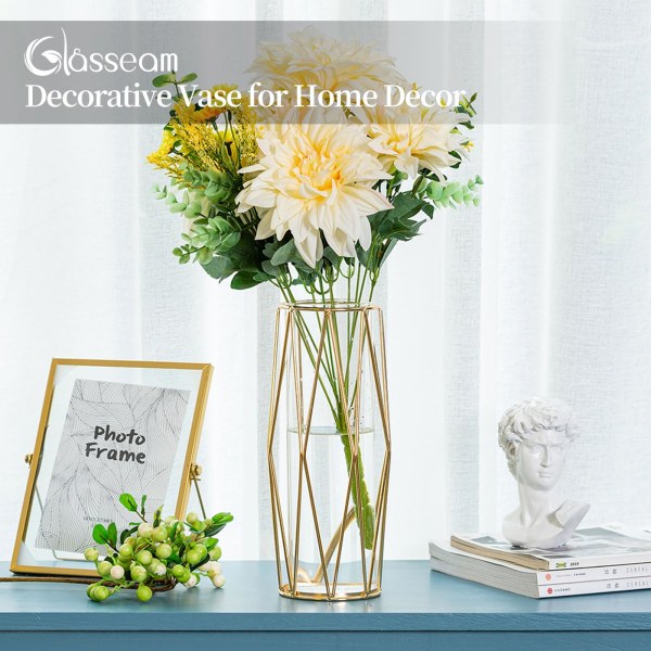 Vase til Pampas Græs, Glas Rose Gold Vase Højgulvsvase med geometrisk metalstativ, Blomsterpotte til skrivebordsbryllup, 27 cm høj