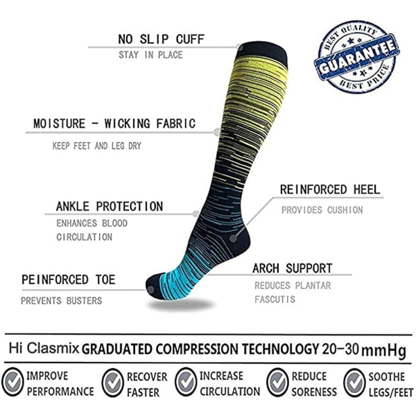 Kompresjonssokker kvinner og menn 20-30 mmhg knehøye sokker - best for løping, pleie, fotturer, restitusjon og fly（01-a-flerfarget1，Large-X-Large）