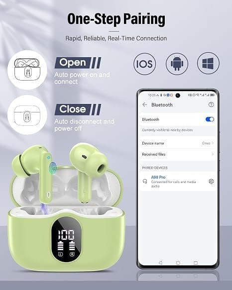 Trådløse hovedtelefoner Bluetooth 5.4 med LED-display, støjreducerende mikrofon, HiFi Stereo In-Ear hovedtelefoner, IP7 vandtæt til iPhone Android Grss green