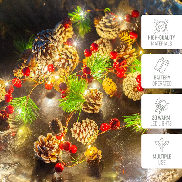Julekrans med lys - 2 meter, 20 LED-lys, juleborddekorasjon, peisdekorasjon - Julepynt innendørs - Krans