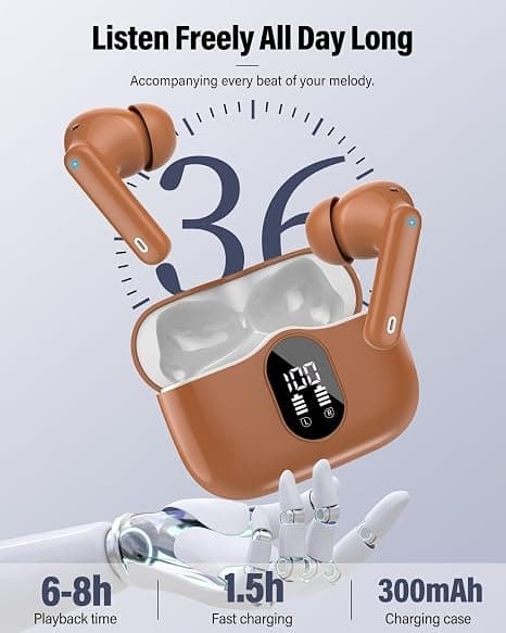 Trådlösa hörlurar Bluetooth 5.4 med LED-display, brusreducerande mikrofon, HiFi Stereo In-Ear-hörlurar, IP7 vattentäta för iPhone Android Brown