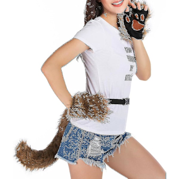 Konstgjord Pälsräv Svans Katt Varulv Cosplay Kostym Set Plysch Mask Fluffiga Tassar Handskar Halloween Jul white