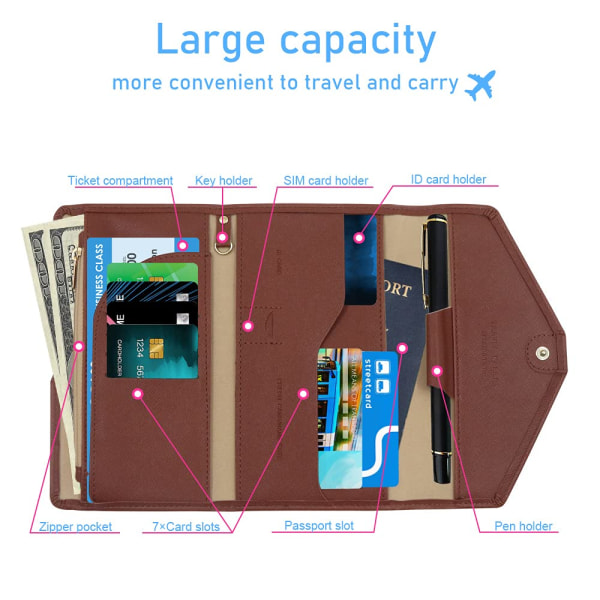 Multi-Purpose rejsepung, RFID-blokerende rejsepung Pasholder, dokumentarrangør Pascover til pas, kreditkort (brunt)