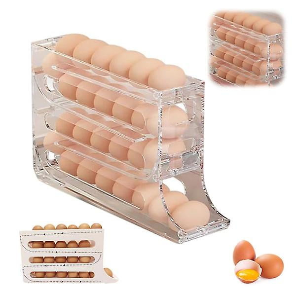 4-etasjes eggestativ for kjøleskap, eggestativ for kjøleskap, eggdispenser automatisk rullende eggbrett oppbevaring 30 egg