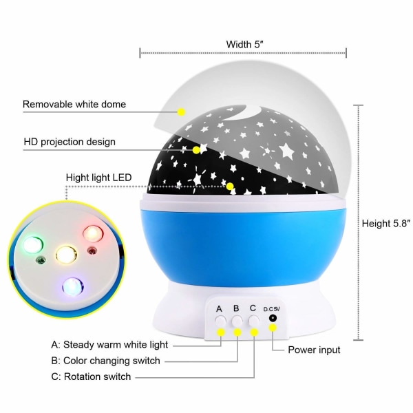 Nattlys Månestjerneprojektor 360 graders rotasjon - 4 LED-pærer 9 lysfargeskifte med USB-kabel, unike gaver