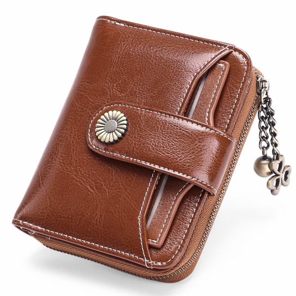 Liten lommebok for kvinner, lommebok i ekte skinn for kvinner, med myntrom, liten lommebok med glidelås, kortholder med RFID-blokker, brun