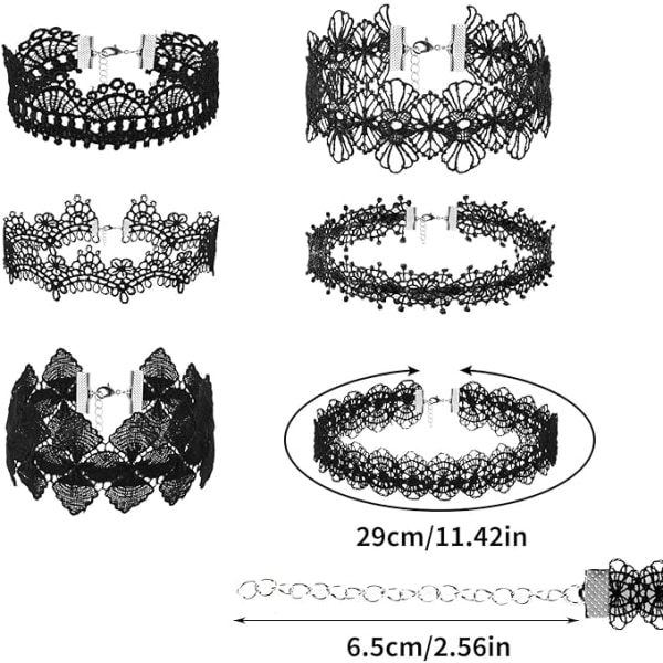 Paket med 6 Spets Choker Svart gotisk krage Tatuering Spets Punk Halsband Dam Flickor Halloween Accessoarer