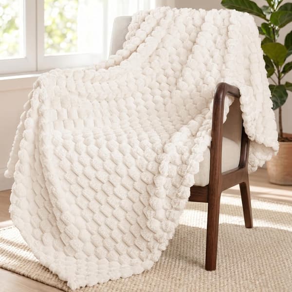1 stk. stort 3D fleecetæppe til sofa, 127x178 cm, superblødt letvægts plys-kastetæppe til voksne, hvid. white