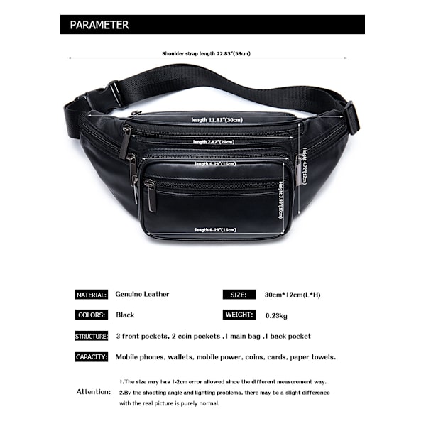 Herr Läder Midjeväska Utomhus Svart Mobiltelefon Läder Väska Fritid Sport Crossbody Bröstväska (Vit)