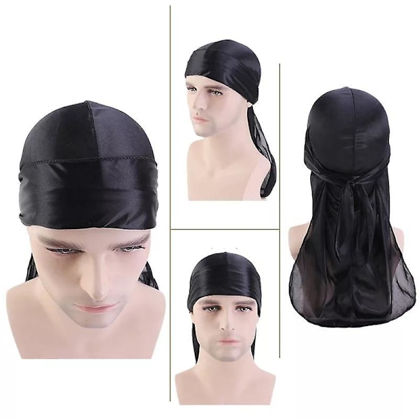 Svart durag dew-rag hiphop sjal huvudsjal do-rag bandana satin