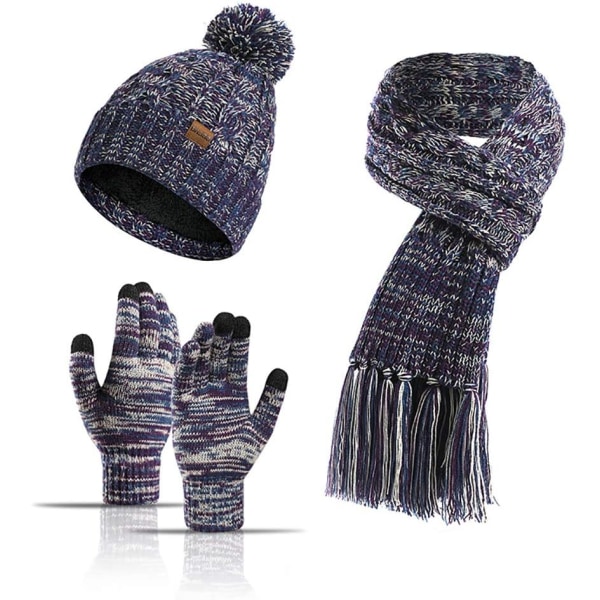 3 STK Vinter Warm Hat Halstørklæde Handsker Sæt til Kvinder Mænd Strik Fleece Touchscreen Handsker Beanie Hat Ski Cap