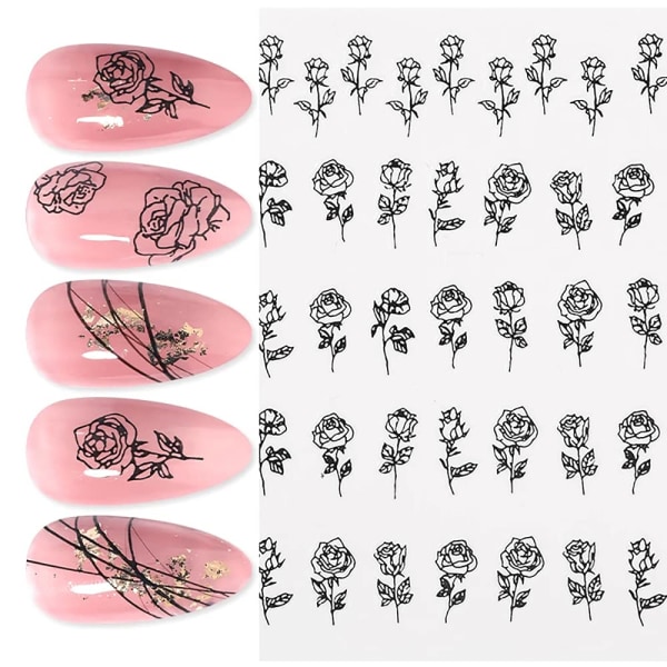 Blommor Nageldekor, 3D självhäftande Svart Vit Ros Nagelklistermärken French Hollow Flower Nail Art Design Manikyr DIY Nageldekoration(6 ark)