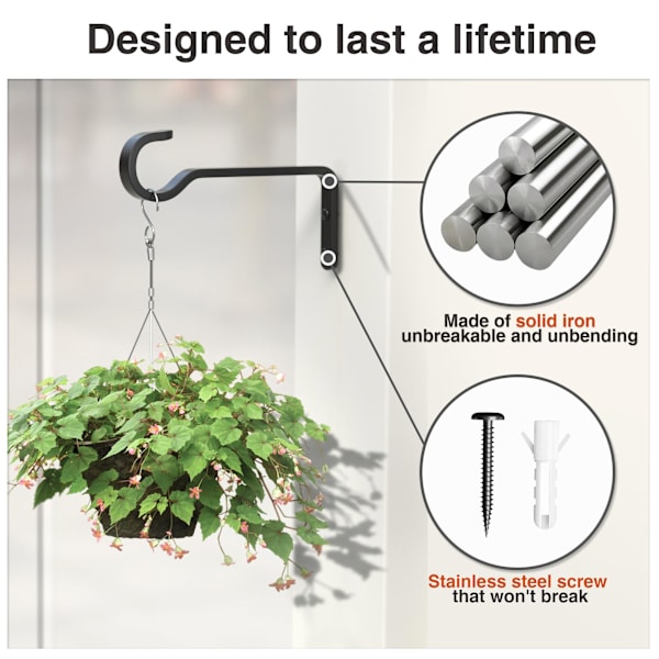 2 stk. Heavy Duty udendørs planteophæng til hængende kurve, jernophæng til planter, metalplanteophæng, plantevægophæng, fuglefoder, sort