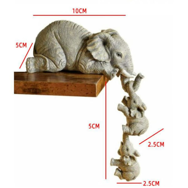 Elefanthyldefigurer Sæt med 3 - med mor elefant og 2 hængende babyelefanter hængende fra hylden, håndmalede samleobjekter i harpiks