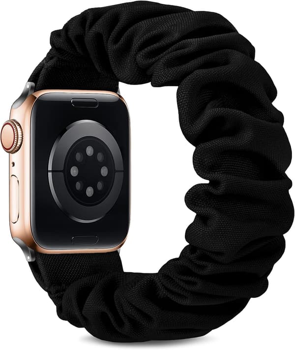 1 stk. mykt, trykt elastisk solo loop-bånd til Apple Watch (42/44/45 mm), egnet for kvinner; lengde: S (155–280 mm), svart. L-42/44/45mm