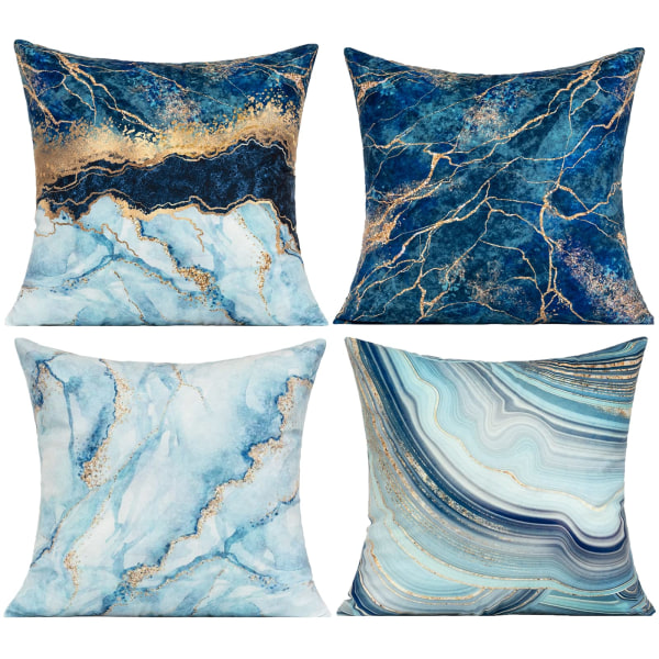 45x45 cm Blue Cushion Covers Marble Velvet Cushion Dark Blue Golden Decorative Cushion Couch Cushion Decorative Navy Blue Sea Cushion Cover Set of 4