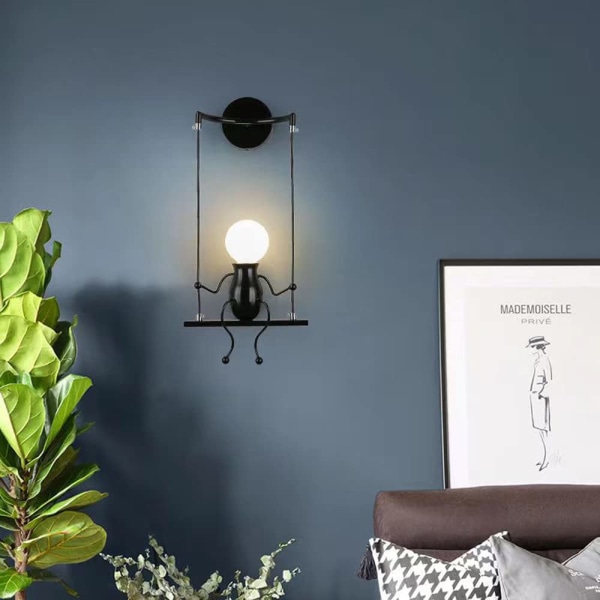 Simpel væglampe-gynge Metal-væglampe Kreativ væglampe tegneserielampe til bar, soveværelse, cafe, gang E27 (PÆRE MEDFØLGER IKKE) (sort)