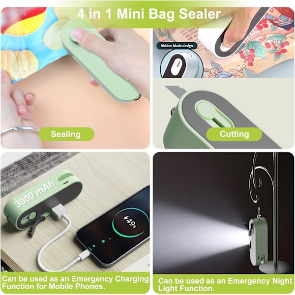 4 i 1 Mini Pose Sealer, Pose Sealer Varmeforsegling med Cutter, USB Genopladelig Chip Pose Sealer Varmeforsegling, Grøn