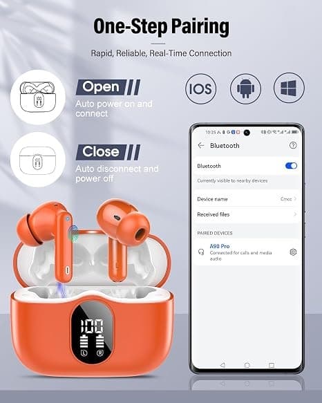 Trådløse hovedtelefoner Bluetooth 5.4 med LED-display, støjreducerende mikrofon, HiFi Stereo In-Ear hovedtelefoner, IP7 vandtæt til iPhone Android Orange